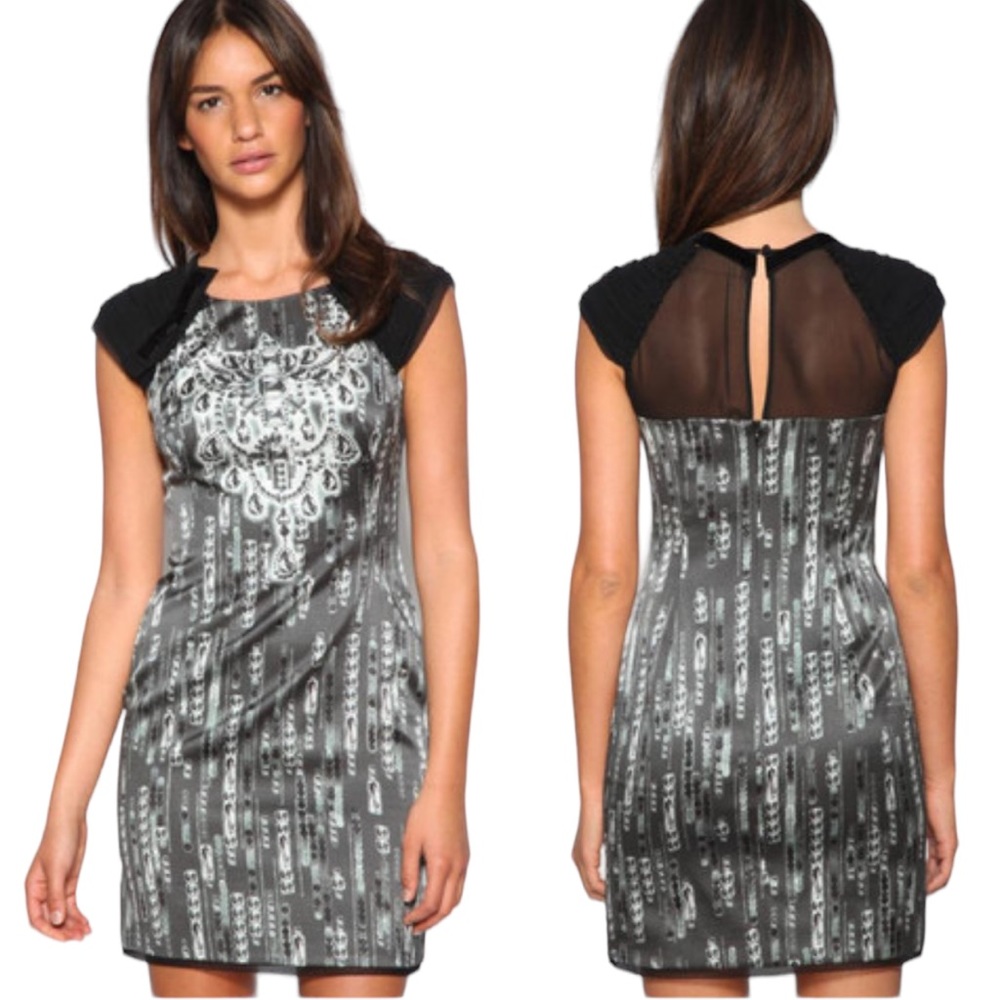 Karen Millen Silk Gray Black Diamond Print Velvet Bow Cutout Mini Column Dress 6